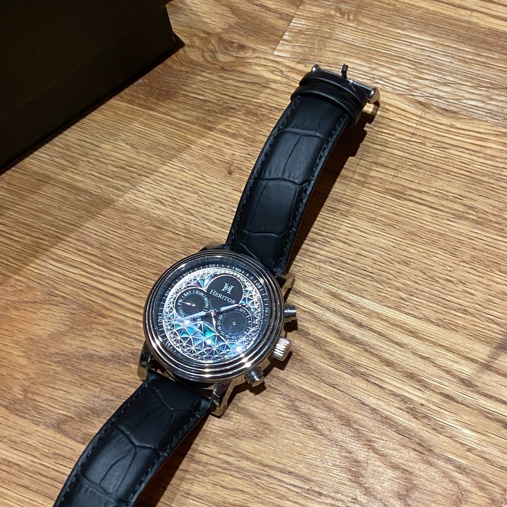 Heritor Automatic Legacy Leather-Band Watcch w/Day/Date - Silver/Black